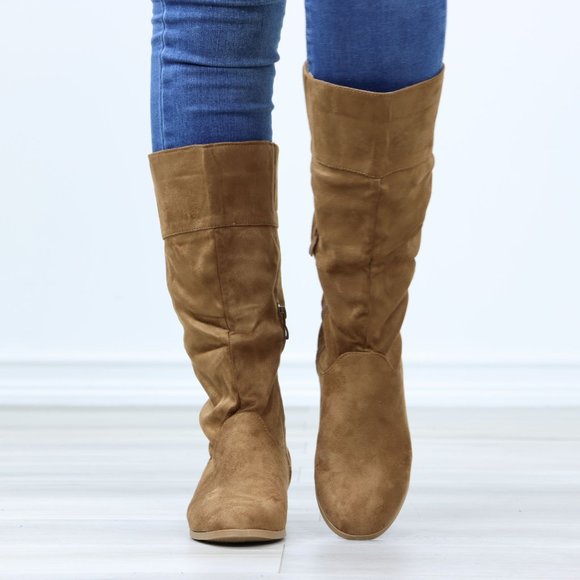 Tan Low Heel Boots Round Toe Above Ankle Mid-Calf Booties Faux Suede - Picture 9 of 12